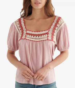 LUCKY BRAND Cotton Crochet-Neck Top Pink Size XS MSRP $70