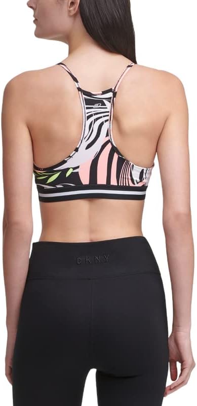 DKNY Women's Dizzy Printed Racerback Medium Impact Sports Bra Atomic Pink,  Size L