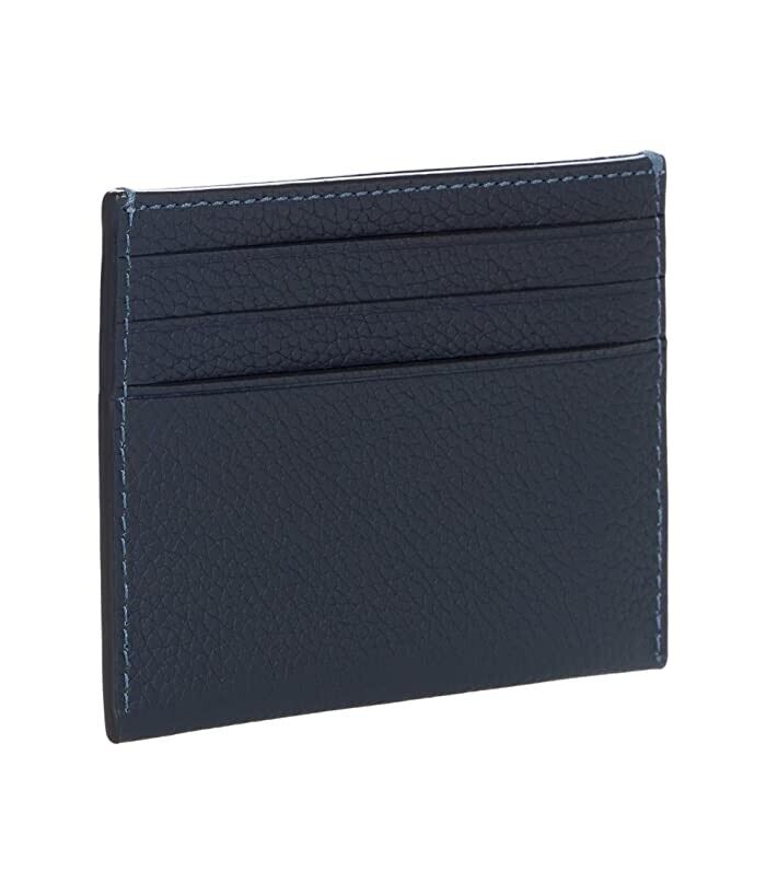 COACH Flat Card Case in Pebble Leather with Coach Leatherware Branding Navy Blue