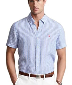 POLO RALPH LAUREN Mens Short Sleeve Striped Linen Button Shirt Blue Size XL
