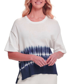 DKNY Women Ribbed Cotton Tie-Dye Sweater White Navy Blue Size XS