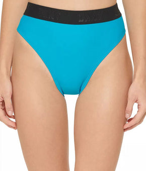 DKNY Women's Blue High-Waist Logo Bikini Bottoms Size L Blue