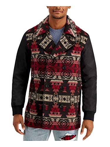 Sun Stone Mens Coat Small Pea-Coat Tribal Geomatric Print Red Size S
