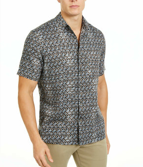 Tasso Elba Men's Geometric Print Shirt Black Khaki Brown Blue Multi Size S