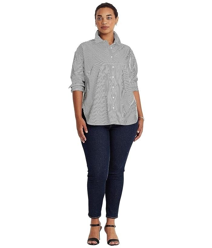 LAUREN Ralph Lauren Plus Size 1X Striped Cotton Broadcloth Shirt Gray MSRP $100