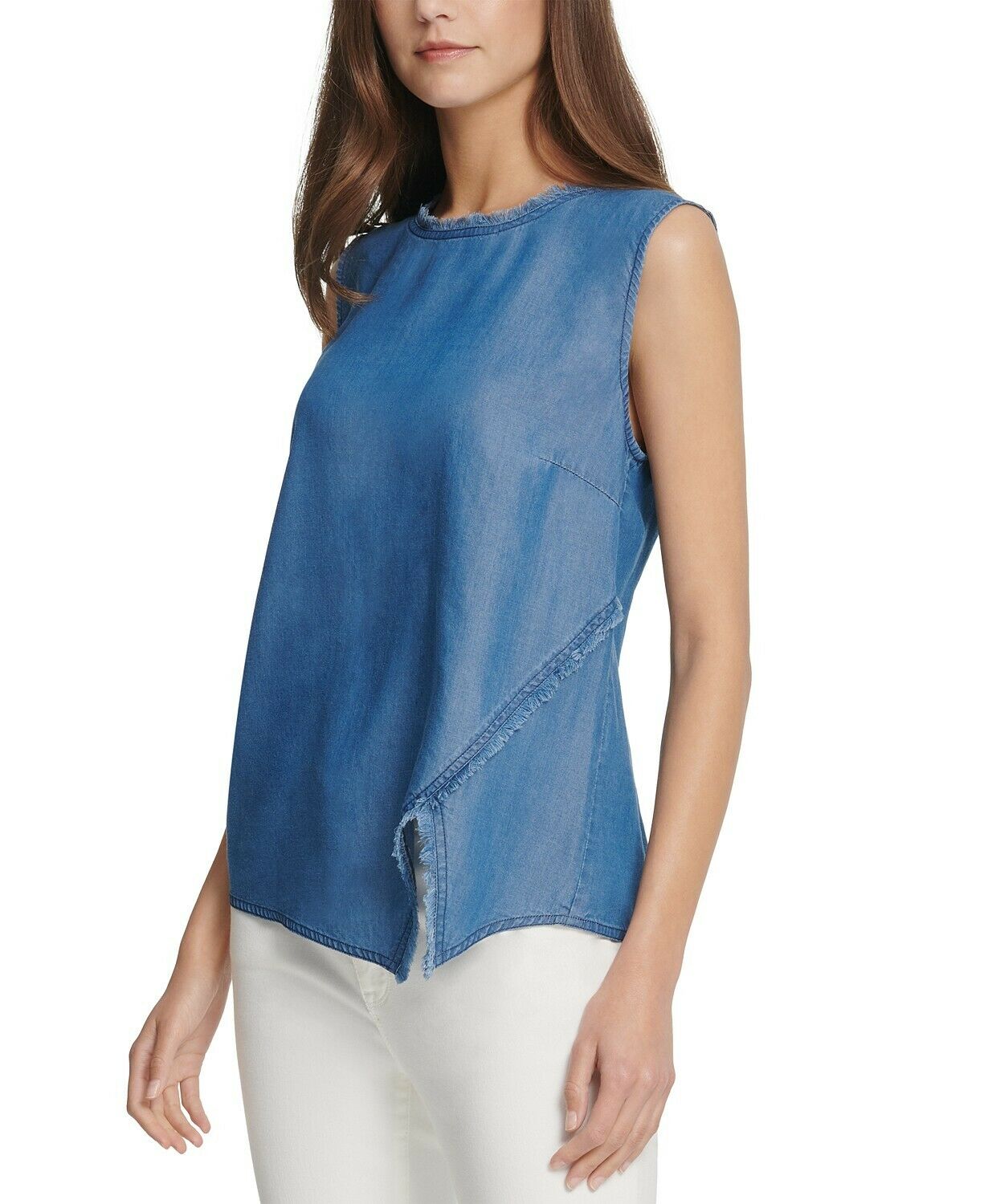 DKNY Women's Asymmetrical Fringe Sleeveless Blue Blouse Shirt Top Size XS