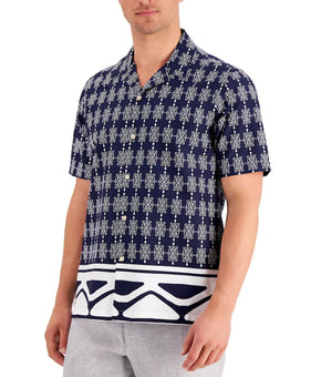 TASSO ELBA Men's Mediana Geometric-Print Cotton Shirt Navy Blue Size XL MSRP $55