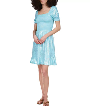 Michael Kors Foil-Print Smocked Peasant Dress Turquoise Blue Size S MSRP $125