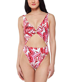 Jessica Simpson Women's Standard V Neck One Piece Swimsuit Swimwear Pink Size L