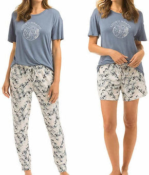 Lucky Brand Women's 3 Piece Pajama Set, Tee, Short, and Pant Blue Size M
