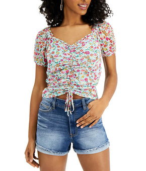 Crave Fame Juniors' Printed Ruched Mesh Top Womens blue Size XS MSRP $29