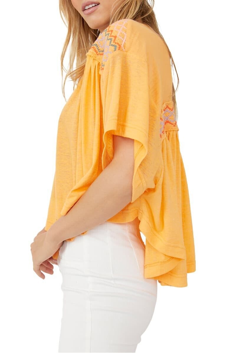 Free People Market Embroidered V-Neck Top Orange Size M MSRP $108