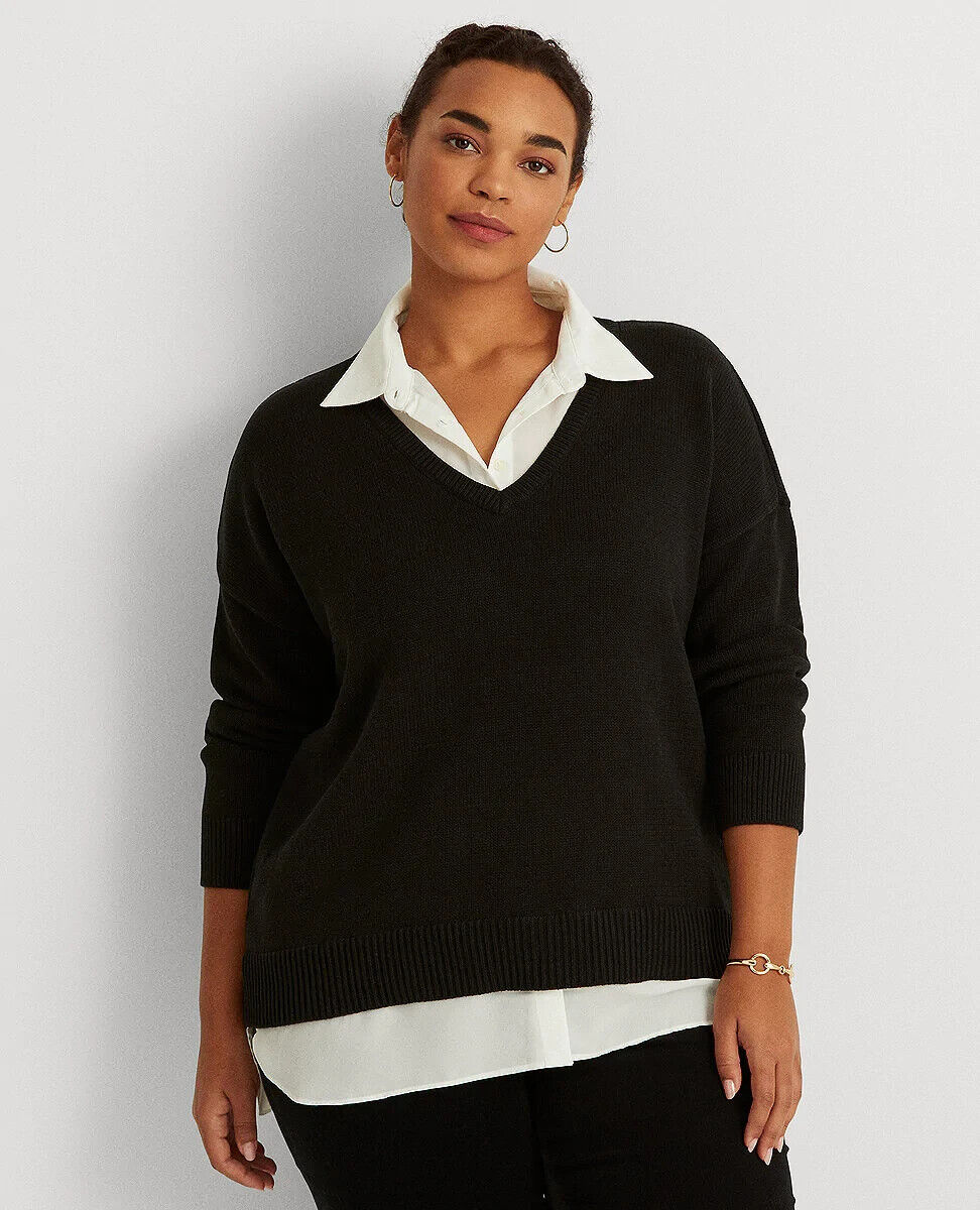 LAUREN Ralph Lauren Layered Cotton Sweater Plus Size 1X Black MSRP $110