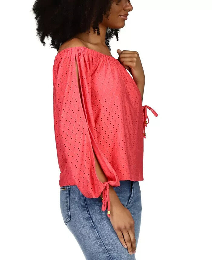 Michael Kors Eyelet-Embroidered Split-Sleeve Top Pink Size L MSRP $84