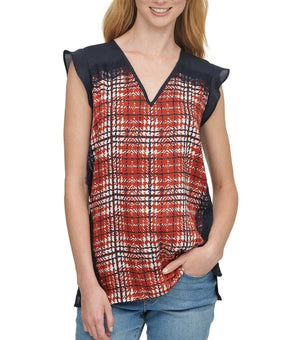 DKNY Women Printed Lace-Trim Top Navy Blue Red Sale Size L