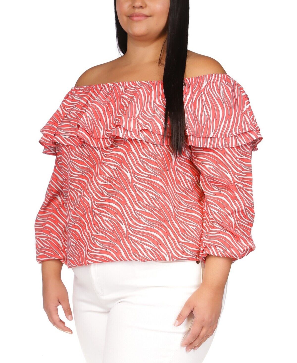 Michael Kors Women's Top Plus Size 3X Zebra-Print Ruffled Peasant Pink MSRP $88