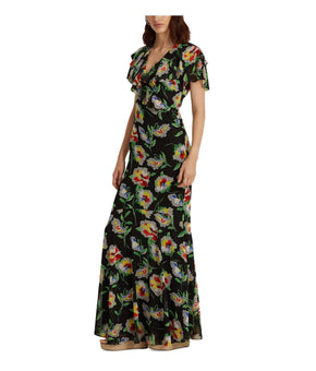 Lauren Ralph Lauren Crinkled Georgette Gown Dress Black Green Size 14 MSRP $240