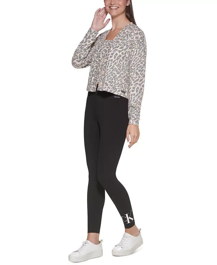 Calvin Klein Jeans Printed Cropped Sweater Cardigan Beige Gray Size M MSRP $60