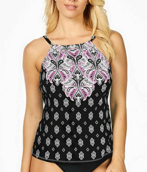 Island Escape Sands Cali Printed Tankini Swim Top Womens black Size 10 MSRP $35