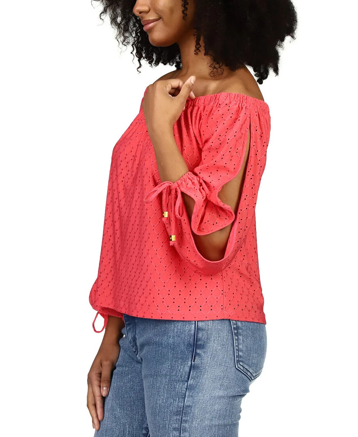Michael Kors Eyelet-Embroidered Split-Sleeve Top Pink Size L MSRP $84