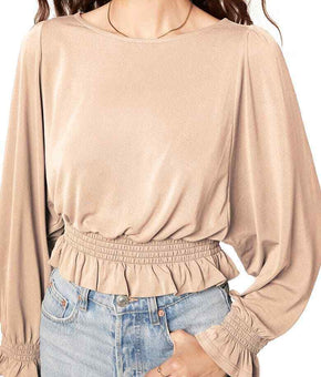 BB Dakota Sleeve To Believe Smocked Top Womens light brown Size L MSRP $59