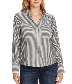 Vince Camuto Women's Striped Button-Down Top Gray Long Sleeve Size S