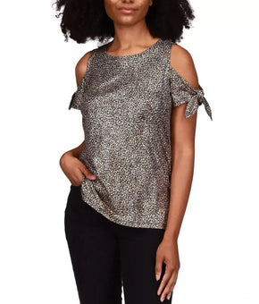 Michael Kors Foil Cold-Shoulder T-Shirt Gold Black Size M MSRP $58