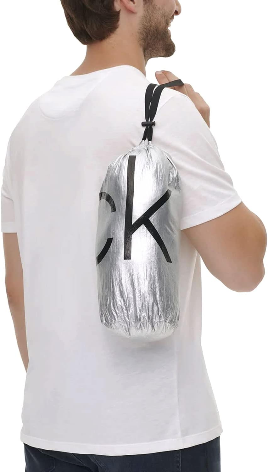 Calvin Klein Mens Packable Down Hooded Jacket Silver Large