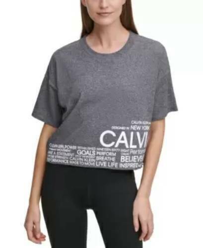 Calvin Klein Cropped Raw-Hem Logo T-Shirt Women's Gray Size L MSRP $50