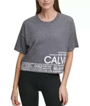 Calvin Klein Cropped Raw-Hem Logo T-Shirt Women's Gray Size L MSRP $50