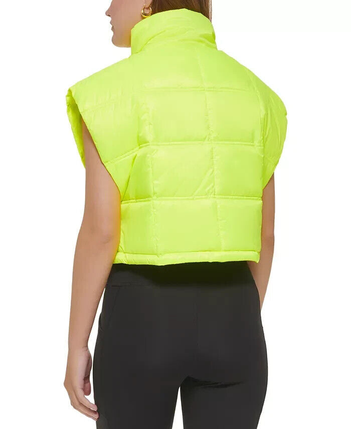 Calvin Klein Women's Cropped Mock-Neck Zip-up Vest Neon Green Size M MSRP $80