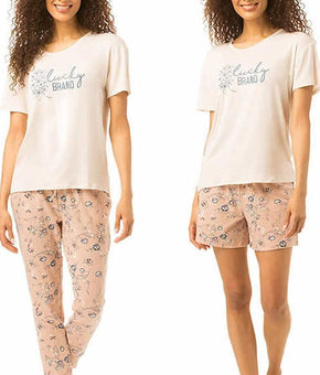 Lucky Brand Women's 3 Piece Pajama Set, Tee, Short, and Pant Pink Size L