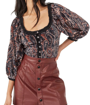 Free People Dare Me Tie-Back Velvet Blouse Navy Blue Orange Size XL MSRP $128