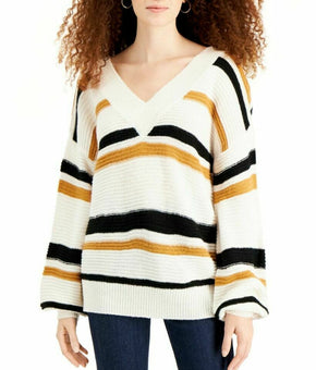 Derek Heart Juniors' Striped V-Neck Balloon-Sleeve Sweater Ivory Size M MSRP $44