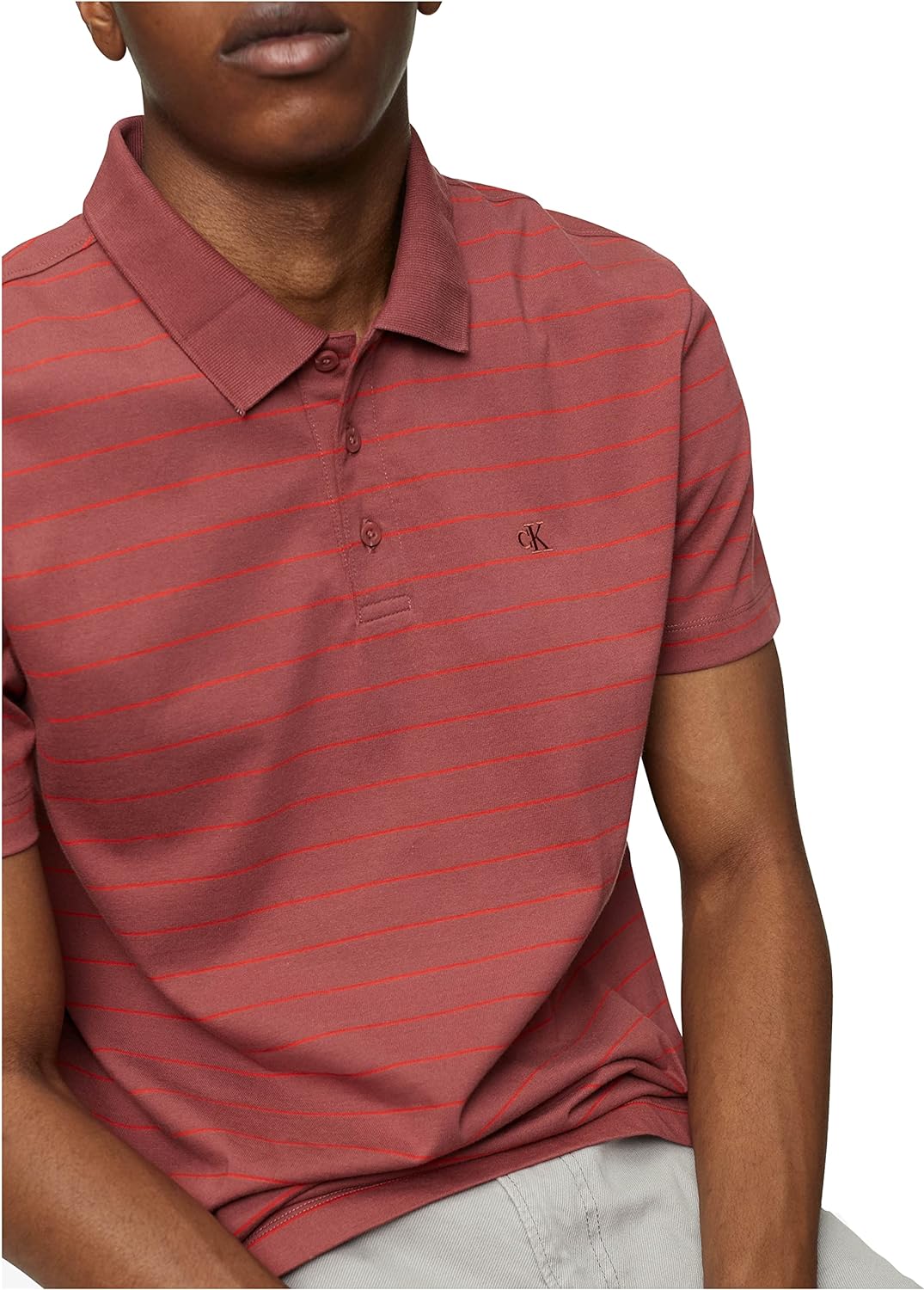 Calvin Klein Men's Smooth Cotton Striped Monogram Logo Polo Shirt, Red Size XS
