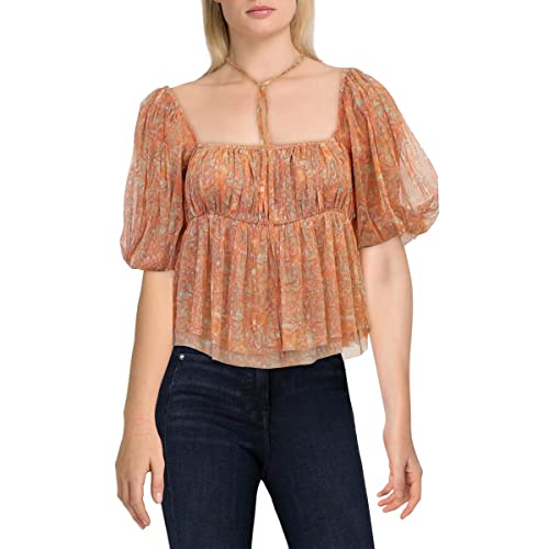 Free People Womens Penelope Printed Smocked Peplum Top Orange S