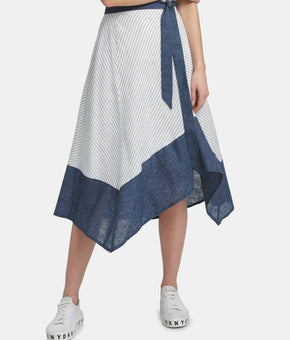 Dkny Women's Striped Asymmetrical-Hem Skirt Blue White Denim Size 2