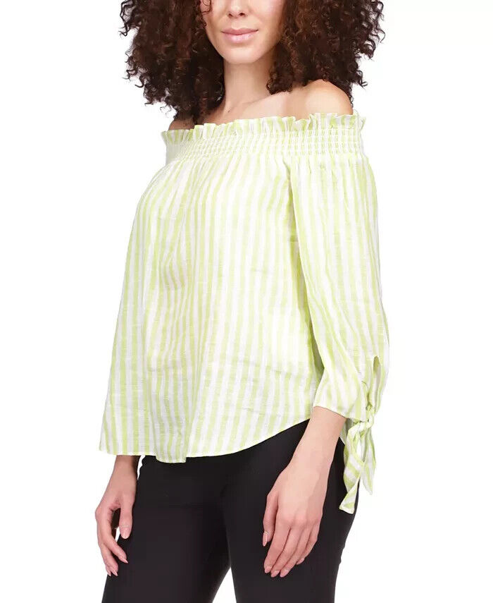 MICHAEL KORS Striped Tie-Sleeve Off-the-Shoulder Top Lime Green Size L MSRP $98