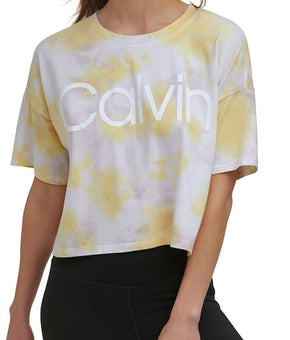 Calvin Klein womens Performance Cropped Tie-Dyed T-Shirt Yellow Size M MSRP $45