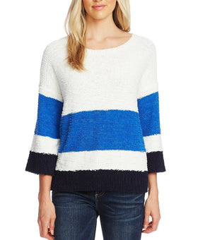 Vince Camuto Women's Striped Elbow-Sleeve Teddy Bear Sweater White Blue Size S
