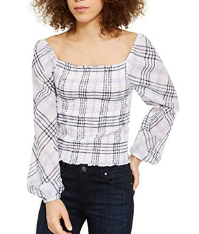 INC Womens Smocked Plaid Blouse Purple M