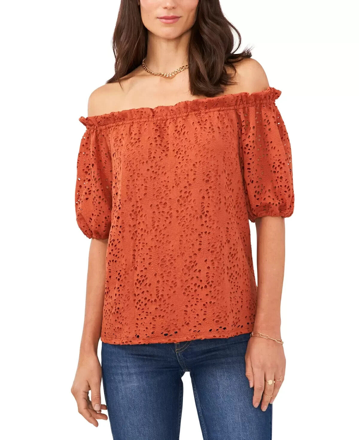 VINCE CAMUTO Women's Off-The-Shoulder Eyelet Top Brown Size XS MSRP $69
