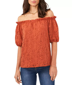 VINCE CAMUTO Women's Off-The-Shoulder Eyelet Top Brown Size XS MSRP $69