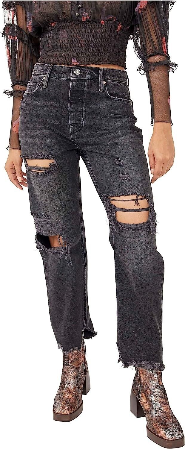 Free People Distressed Tapered Baggy Boyfriend Jeans Black Size 27 MSRP $98