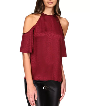 MICHAEL KORS Cold-Shoulder Cheetah-Print Top Wine Red size P/XS MSRP $88