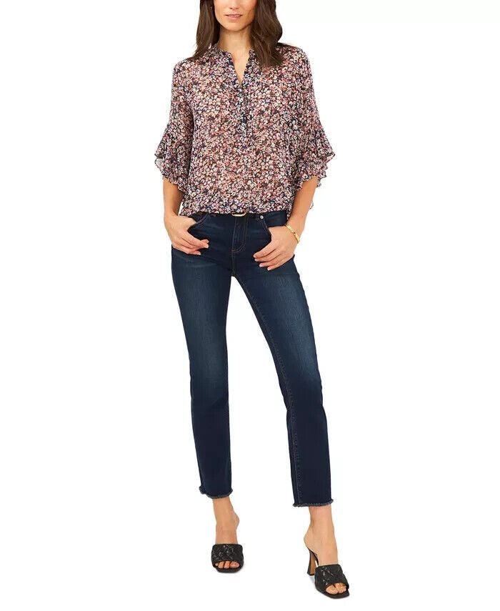 VINCE CAMUTO Fresh Blooms Printed Flutter-Sleeve Top Blue Pink Size L MSRP $79