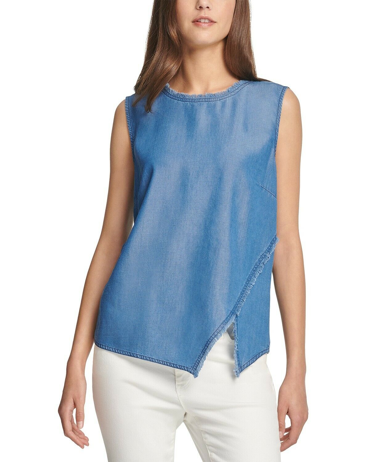 DKNY Women's Asymmetrical Fringe Sleeveless Blue Blouse Shirt Top Size XS
