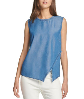DKNY Women's Asymmetrical Fringe Sleeveless Blue Blouse Shirt Top Size XS