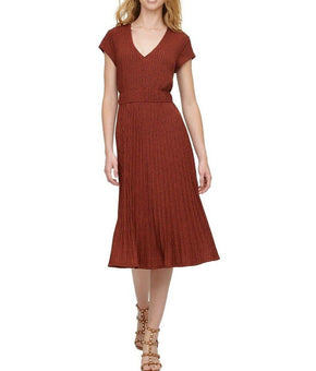 Dkny Women's Textured Midi V-Neck Knit Dress Rust Size XS MSRP $115