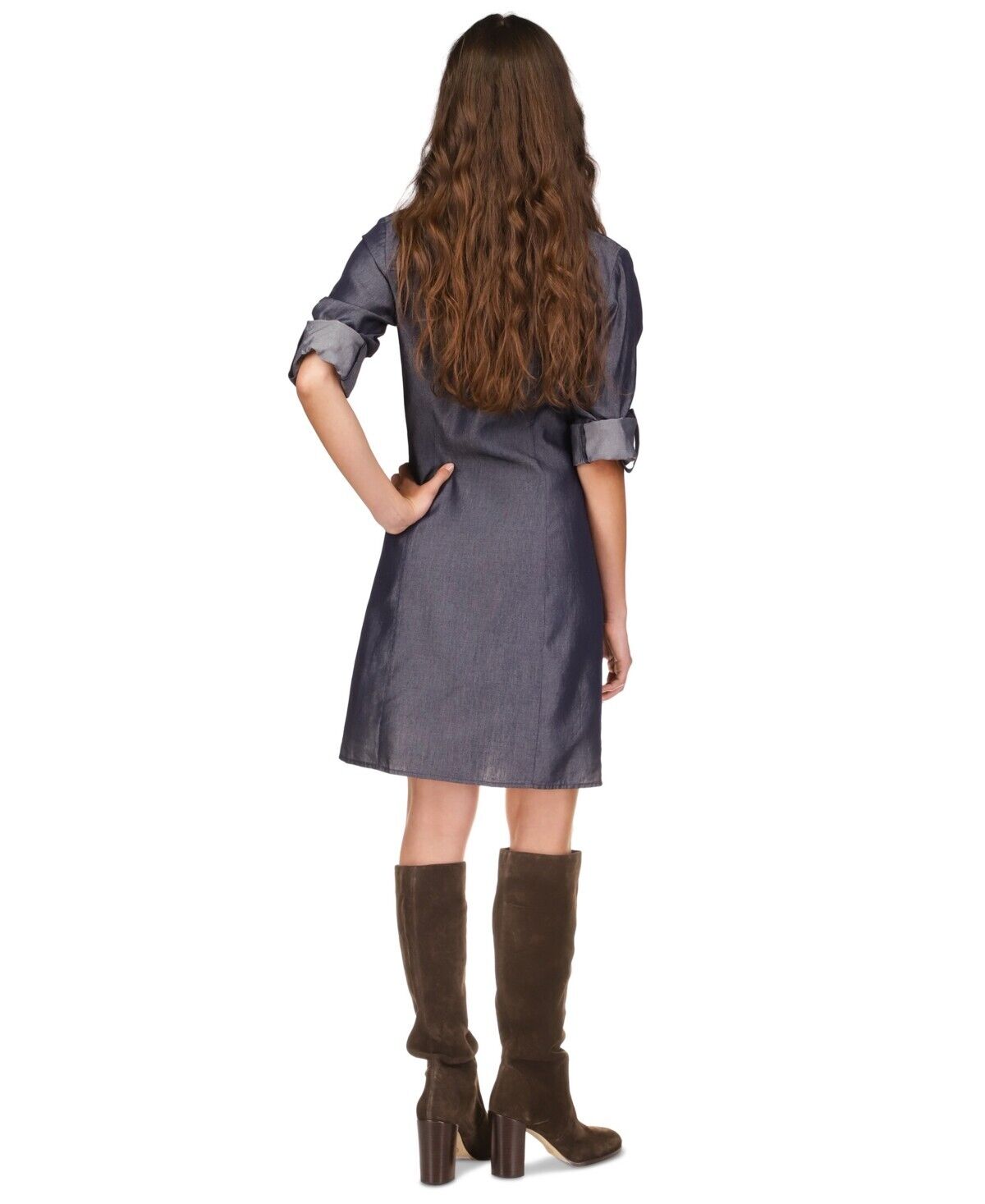 MICHAEL KORS Women Ruched-Front Roll-Tab-Sleeve Shirtdress Blue Size M MSRP $165